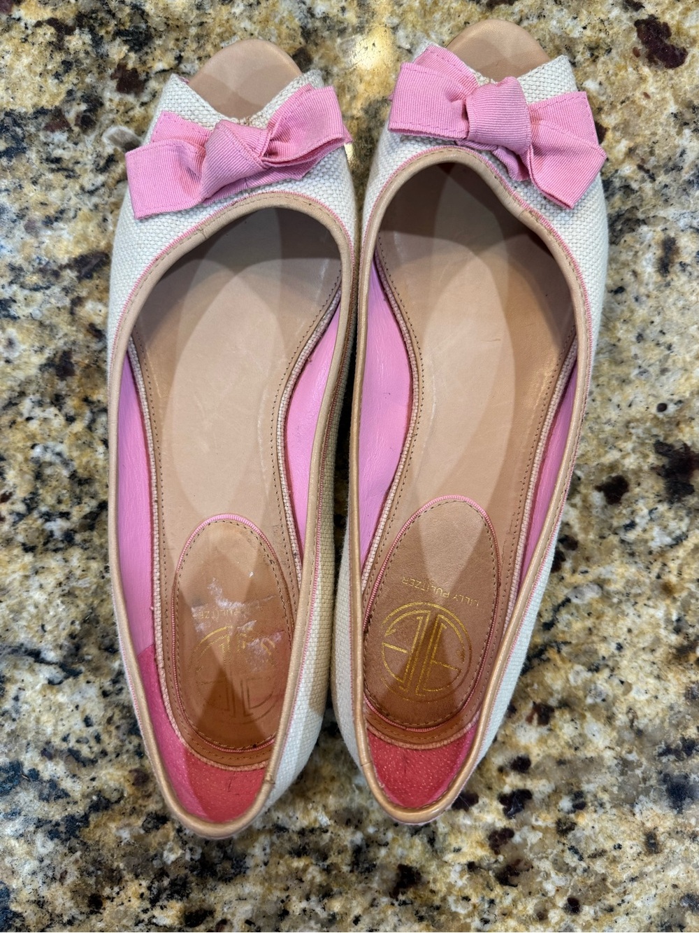 Lilly Pulitzer Cream and Pink Peep-Toe Bow Flats